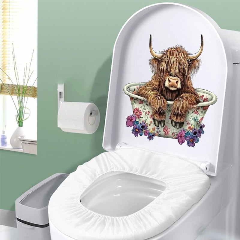Iprokiu Funny Animal Toilet Seat Cover Decal Waterproof Cartoon Dog Cat Toilet Seat Lid Sticker Dinosaur Duck Washroom Bathroom Decal Home Wall Sticker (Bathing Cow) - Image 2